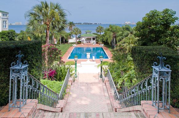 Century Oak's manicured gardens cascade down to the bay.